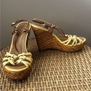 Prada Yellow & Tan Strappy Open Toe
Woven Wedge Sandals Size 36/US 6.